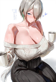1girl absurdres black_skirt blue_eyes blush breasts brid_(nikke) colored_inner_hair cup goddess_of_victory:_nikke green_hair grey_hair hair_over_one_eye highres holding holding_cup igiroitsu large_breasts long_hair multicolored_hair off-shoulder_sweater off_shoulder ponytail sitting skirt smile solo sweater white_sweater