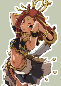 1girl absurdres blue_lips circlet dark-skinned_female dark_skin gerudo green_eyes highres jewelry neck_ring nintendo pointy_ears rare00_u red_hair riju scimitar sword the_legend_of_zelda the_legend_of_zelda:_tears_of_the_kingdom weapon