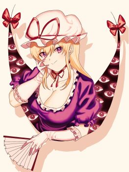 Rule 34 | 1girl, blonde hair, breasts, choker, cleavage, closed mouth, collarbone, dress, elbow gloves, frills, gap (touhou), gloves, hair between eyes, hand fan, hand on own cheek, hand on own face, hat, highres, holding, holding fan, large breasts, long hair, looking at viewer, mob cap, perfect cherry blossom, purple dress, purple eyes, ribbon, ribbon choker, short sleeves, solo, touhou, turtle-kun, upper body, white gloves, yakumo yukari