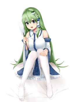 1girl blue_skirt breasts commentary detached_sleeves doge_(jkdoge) frilled_skirt frills frog_hair_ornament gohei green_eyes green_hair hair_ornament hair_tubes highres holding holding_gohei huge_breasts kochiya_sanae long_hair looking_at_viewer open_mouth pantyhose single_hair_tube skirt smile snake_hair_ornament solo touhou variant_set very_long_hair white_pantyhose