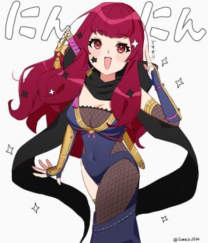 1girl black_scarf breasts cleavage commentary_request covered_navel facial_mark fire_emblem fire_emblem_engage fire_emblem_heroes fishnets gmais2514 hair_ornament highres japanese_clothes large_breasts long_hair looking_at_viewer ninja nintendo official_alternate_costume open_mouth red_eyes red_hair scarf simple_background smile solo star_(symbol) star_facial_mark star_hair_ornament translation_request twitter_username white_background yunaka_(fire_emblem) yunaka_(stealthy_imitator)_(fire_emblem)