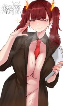 1girl 3boys absurdres aedd_(e.g.o) alyssa_(project_moon) ardor_blossom_star_(e.g.o) between_breasts blush breast_press breasts brown_coat cleavage closed_mouth coat commentary detached_collar e.g.o_(project_moon) fire highres hohenheim_(project_moon) holding holding_notebook johann_(project_moon) lab_coat lantern_(e.g.o) large_breasts limbus_company long_hair looking_at_viewer marton_(project_moon) multiple_boys naked_coat navel necktie necktie_between_breasts note notebook project_moon red_eyes red_hair red_necktie simple_background smile solo_focus star_(symbol) sweat twintails white_background xkittyzx