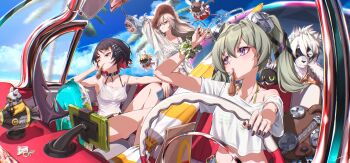 1boy 3girls alexandrina_sebastiane animal_ears bangboo_(zenless_zone_zero) black_choker black_hair blue_sky car choker corin_wickes crop_top ellen_joe fins fish_tail floating_hair frilled_wristband furry furry_male green_hair grey_hair hat highres hollow_(zenless_zone_zero) long_hair mole mole_under_eye motor_vehicle multiple_girls muzzle_(mask) on_car one_eye_closed outdoors purple_eyes razor_blade_hair_ornament red_eyes screw_hair_ornament shark_girl shark_tail shirt single_off_shoulder sky smile straw_hat sun_hat tail twintails von_lycaon white_fur white_shirt wolf_boy wolf_ears yo_na zenless_zone_zero