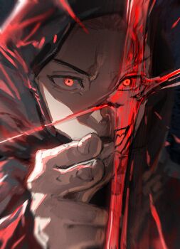 Rule 34 | 1boy, absurdres, commentary, english commentary, facial tattoo, hand up, highres, hood, hooded jacket, itadori yuuji, jacket, jujutsu kaisen, jujutsu kaisen modulo, male focus, mon (icebuko), red eyes, ryoumen sukuna (jujutsu kaisen), scar, scar on face, solo, split theme, tattoo