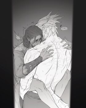 2boys absurdres baldur&#039;s_gate baldur&#039;s_gate_3 bottomless closed_eyes crying dragon_boy dragon_horns dungeons_&amp;_dragons dungeons_&amp;_dragons gale_(baldur&#039;s_gate) grey_background greyscale hair_behind_ear hands_on_another&#039;s_back heart highres horns implied_penetration leg_lock long_sleeves male_focus medium_hair monochrome motion_lines multiple_boys pants robe scales speech_bubble tears the_dark_urge_(baldur&#039;s_gate) topless_male trembling woooogoose yaoi