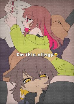 1girl 1other :t between_thighs bilingual_text black_leggings black_shirt blonde_hair blue_sweater brown_hair chara_(undertale) couple crying_emoji emoji english_text fingernails frisk_(undertale) genderswap genderswap_(otf) green_sweater head_on_pillow highres holding holding_phone hugging_object i&#039;m_this_clingy_(meme) leggings long_fingernails looking_at_phone looking_at_viewer meme mixed-language_text mr0x0 multicolored_hair off-shoulder_sweater off_shoulder phone pillow red_eyes red_hair shirt shirt_under_sweater striped_clothes striped_sweater sweater too_many_watermarks twitter_username two-tone_hair undertale utdr_(toby_fox) watermark yellow_eyes
