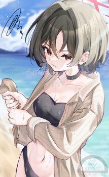 1girl absurdres bandeau barbell_piercing beach belly bikini bikini_under_clothes black_bandeau black_bikini black_choker blue_archive blurry blurry_background blush breasts brown_hair choker collarbone cross_halo ear_piercing frustrated halo highres industrial_piercing looking_down medium_breasts misaki_(blue_archive) misaki_(swimsuit)_(blue_archive) navel ocean official_alternate_costume open_clothes piercing pinstripe_pattern pinstripe_shirt red_eyes red_halo shirt short_hair solo squiggle striped_clothes striped_shirt swimsuit syanikamaboko talking vertical-striped_clothes vertical-striped_shirt wet wet_clothes wet_shirt wringing_clothes