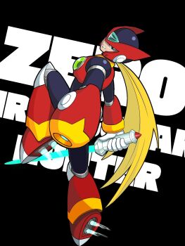 Rule 34 | 1boy, adapted costume, android, arm cannon, armor, black background, blue eyes, boots, character name, commentary request, energy sword, forehead jewel, from behind, full body, fusion, games cheekun, helmet, highres, holding, holding sword, holding weapon, looking at another, male focus, mega man (series), mega man x (series), mega man zero (series), red armor, red boots, red helmet, solo, sword, weapon, z saber, zero (mega man)