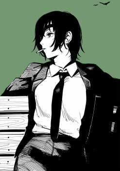 1girl chainsaw_man cigarette collared_shirt eyepatch formal_clothes green_background greyscale_with_colored_background highres himeno_(chainsaw_man) jacket medium_hair necktie pant_suit pants shirt shirt_tucked_in smoking solo suit suit_jacket tomatoketchup96