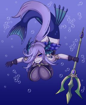1girl breasts chaos_siren_(grimms_notes) full_body grimms_notes grin highres holding holding_polearm holding_weapon huge_breasts long_hair mermaid monster_girl polearm ponytail purple_hair smile solo teeth trident underwater unluckycattw very_long_hair weapon