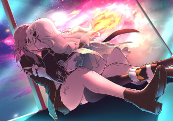 2girls absurdres aqua_skirt black_boots black_jacket black_skirt boots commentary english_commentary firefly_(honkai:_star_rail) foot_out_of_frame grabbing_another's_arm grey_hair high_heel_boots high_heels highres honkai:_star_rail honkai_(series) huybu51 indoors injury jacket kiss knees_up long_hair multiple_girls nebula on_floor shirt sitting skirt space star_(sky) stelle_(honkai:_star_rail) thighhighs trailblazer_(honkai:_star_rail) white_shirt window yellow_eyes yuri