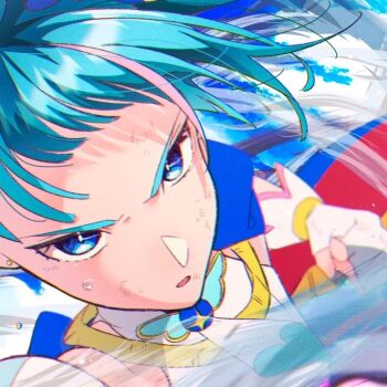 1girl aoi_tete bad_id bad_twitter_id blue_cape blue_eyes blue_hair blue_sky blurry brooch cape close-up cloud cloudy_sky cure_sky cut_bangs dress fingerless_gloves foreshortening frown gloves hirogaru_sky!_precure jewelry looking_at_viewer multicolored_hair open_mouth pink_hair precure red_cape sky sleeveless sleeveless_dress solo sora_harewataru streaked_hair sweat two-sided_cape two-sided_fabric two-tone_hair white_gloves wing_brooch
