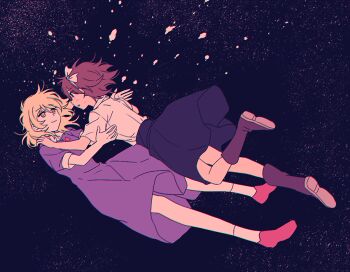 Rule 34 | 2girls, black skirt, blonde hair, boots, bow, brown boots, brown hair, closed mouth, collared dress, collared shirt, commentary, contrast collar, dark background, dateless bar "old adam", dress, dress bow, falling, falling petals, floating, hairband, hand on another's shoulder, imminent hug, looking at another, maribel hearn, multiple girls, petals, purple dress, re ghotion, red bow, red shoes, shirt, shirt tucked in, shoes, short hair, short sleeves, skirt, smile, socks, space, touhou, usami renko, white hairband, white shirt, white socks, yellow eyes, yuri