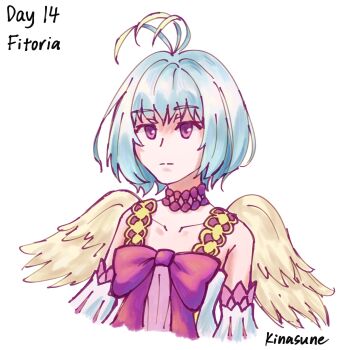 1girl :| alternate_wing_color antenna_hair artist_name bare_shoulders bird_girl bird_wings bow character_name chest_bow choker closed_mouth collarbone commentary cropped_torso dress english_commentary english_text expressionless feathered_wings fitoria_(tate_no_yuusha_no_nariagari) flat_chest highres kinasune looking_at_viewer medium_hair pink_bow pink_choker pink_dress pink_eyes pink_sleeves signature simple_background solo tate_no_yuusha_no_nariagari upper_body white_background white_dress white_sleeves wings yellow_wings