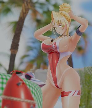 1girl 3d absurdres action_taimanin alternate_costume alternate_hairstyle artist_request beach blender_(medium) blonde_hair breasts breasts_squeezed_together cameltoe censored curvy day earrings emily_simmons hair_bun high_ponytail highleg highleg_one-piece_swimsuit highres hoop_earrings jewelry large_breasts lifeguard official_alternate_costume one-piece_swimsuit one-piece_tan ponytail red_one-piece_swimsuit sky smile solo standing sweat swimsuit taimanin_(series) tan tanline thong_one-piece_swimsuit wide_hips