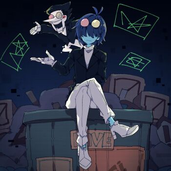 1boy 1other 2525nicc black_hair black_jacket blue_hair blue_skin circle_facial_mark colored_skin cosplay crossed_legs deltarune dumpster eyewear_on_head full_body heterochromatic_eyewear highres jacket kris_(dark_world)_(deltarune) kris_(deltarune) long_nose pants pointy_nose round_eyewear shirt shoes short_hair size_difference spamton_g._spamton spamton_g._spamton_(cosplay) standing_on_shoulder teeth tinted_eyewear trash utdr_(toby_fox) white_pants white_shirt white_shoes