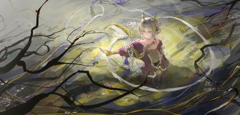 Rule 34 | 1girl, absurdres, arknights, blonde hair, braid, breasts, chinese hairpin, choker, closed mouth, collarbone, commentary request, da dun dozedove, dragon horns, dragon tail, earrings, eastern dragon horns, eastern dragon tail, fruit earrings, hair intakes, highres, horns, jacket, jewelry, long hair, long sleeves, official alternate costume, official alternate hairstyle, pants, pointy ears, purple jacket, purple pants, shirt, shu (arknights), shu (spring feast) (arknights), small breasts, solo, tail, tree, very long hair, wide sleeves, yellow choker, yellow shirt