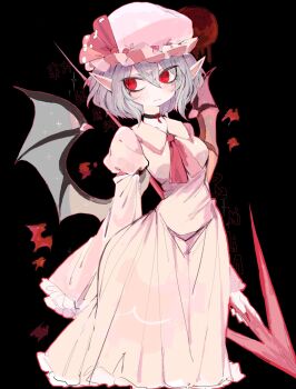 1girl ascot bat_wings black_background black_choker blue_hair breasts character_name choker commentary_request fingernails frilled_shirt_collar frills hair_between_eyes hat hat_ribbon highres holding holding_polearm holding_weapon light_blush long_fingernails long_skirt medium_breasts mob_cap moon pink_hat pink_shirt pink_skirt pointy_ears polearm puffy_sleeves red_ascot red_eyes red_moon red_nails remilia_scarlet ribbon sharp_fingernails shirt short_hair skirt skirt_set solo spear spear_the_gungnir thick_thighs thighs touhou usa37107692 weapon wide_hips wings