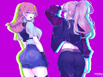 2girls absurdres alternate_costume arm_up ass black_gloves black_jacket black_pants blue_shirt blue_shorts breasts commentary commentary_request cowboy_shot drop_shadow earrings english_commentary feather_earrings feathers from_behind gloves highres hololive hololive_english jacket jewelry kurimako large_breasts long_hair long_sleeves looking_at_viewer looking_back mixed-language_commentary mori_calliope mori_calliope_(streetwear) multiple_girls official_alternate_costume open_mouth pants pink_eyes pink_hair ponytail purple_background shirt short_shorts short_sleeves shorts simple_background smile takanashi_kiara virtual_youtuber