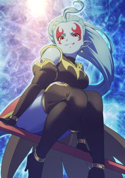 Rule 34 | 1girl, anklet, baasaku (balasaku24), black boots, black gloves, blue skin, boots, breasts, cape, colored skin, commentary request, demon, dragon ball, dragon ball heroes, earrings, elbow gloves, evil grin, evil smile, facial mark, from below, gloves, gold anklet, green hair, grin, high heel boots, high heels, high ponytail, jewelry, legs together, long hair, looking at viewer, looking down, medium breasts, pointy ears, ponytail, potara earrings, putine (dragon ball), red eyes, sitting, sitting on object, sleeveless, sleeveless turtleneck, smile, solo, staff, thigh boots, turtleneck, very long hair, yellow cape