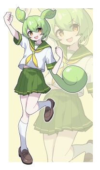 1girl :d arm_up blush border brown_shoes commentary cropped_shirt dot_nose double-parted_bangs flat_chest full_body green_hair green_sailor_collar green_skirt hair_between_eyes hand_up highres kneehighs loafers long_hair looking_at_viewer low_ponytail midriff_peek miniskirt necktie open_mouth outside_border pleated_skirt ponytail sailor_collar school_uniform serafuku shirt shoes short_sleeves sidelocks simple_background skirt smile socks solo standing standing_on_one_leg tetetaco v-shaped_eyebrows very_long_hair voicevox white_border white_shirt white_socks yellow_background yellow_eyes yellow_necktie zundamon