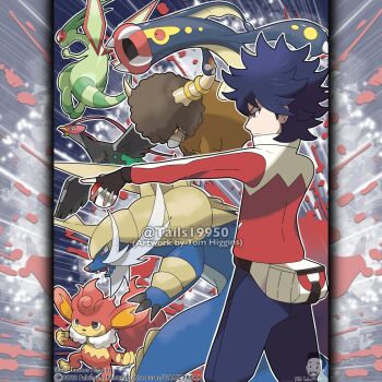 1boy :3 afro artist_name bird black_gloves blue_hair blue_pants bouffalant character_name closed_mouth commentary company_name copyright_notice eelektross english_commentary fangs fanny_pack fingerless_gloves flygon flying from_side gen_3_pokemon gen_5_pokemon gloves horns hugh_(pokemon) instagram_username long_sleeves male_focus merchandise_available nintendo official_style open_mouth outline outstretched_arm pants pokemon pokemon_(creature) pokemon_bw2 red_eyes red_shirt samurott shirt short_hair simisear smile spiked_hair tom_higgins unfezant unfezant_(male) watermark white_bag white_outline