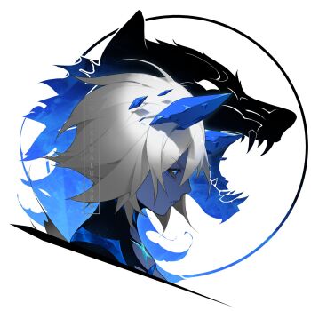 1girl artist_name black_sclera blue_eyes blue_skin closed_mouth colored_sclera colored_skin commentary cropped_shoulders from_side grey_hair highres horns ian_olympia looking_ahead original parted_bangs profile short_hair simple_background solo white_background wolf