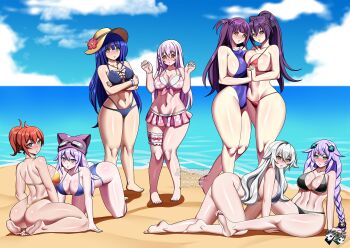 aiba_ami ass beach bikini black_heart_(neptunia) breasts digimon digimon_story:_cyber_sleuth digimon_story:_sunburst_and_moonlight engage_kiss highres jadenkaiba kagurazaka_ranka kagurazaka_rinka kisara_(engage_kiss) large_breasts neptune_(series) ocean purple_heart_(neptunia) sayo_(digimon) swimsuit valkyrie_drive valkyrie_drive_-bhikkhuni- yuugiri_ayano