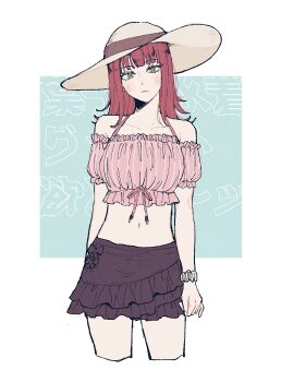 1girl absurdres bare_shoulders bikini bikini_skirt blue_background blush border collarbone commentary frilled_bikini frilled_skirt frilled_tube_top frills hat highres katori_youko long_hair looking_at_viewer navel scrunchie skirt strapless sun_hat swimsuit t0r4_x3 tube_top white_border world_trigger wrist_scrunchie yellow_eyes