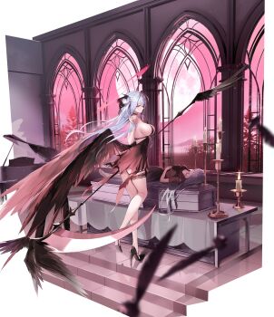 2girls absurdres bare_legs bare_shoulders black_choker black_shoes black_wings breasts brown_dress candle candlestand choker choyeon coffin dress feathered_wings from_side full_body halo high_heels highres holding holding_scythe large_breasts long_hair looking_at_viewer multiple_girls original profile red_eyes scythe shoes short_dress sideboob sleeveless sleeveless_dress thigh_strap very_long_hair white_hair wings