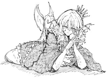 Rule 34 | 1girl, closed mouth, crown, drill hair, fins, frilled kimono, frills, hair between eyes, half-closed eyes, hand on own cheek, hand on own face, hatching (texture), head fins, japanese clothes, kimono, layered kimono, light smile, lineart, long bangs, long sleeves, looking at viewer, lying, medium hair, mermaid, monster girl, narurichan, obi, on stomach, sash, simple background, sketch, solo, split mouth, touhou, twin drills, wakasagihime, white background, wide sleeves