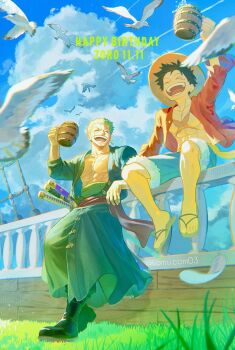 2boys abs arm_up beer_mug bird birthday black_boots black_hair black_shirt blue_shorts blue_sky boots character_name closed_eyes cloud cloudy_sky coat commentary_request cross_scar cup dated elbow_rest facial_scar facing_another full_body fur-trimmed_shorts fur_trim grass green_coat green_hair happy happy_birthday haramaki hat highres holding holding_cup katana komucom03 male_focus monkey_d._luffy mug multiple_boys multiple_swords one_piece open_clothes open_mouth open_shirt outdoors pectorals pirate_ship roronoa_zoro sandals sash scar scar_across_eye scar_on_cheek scar_on_chest scar_on_face sheath sheathed shirt short_hair shorts sitting sky smile standing straw_hat sword twitter_username weapon