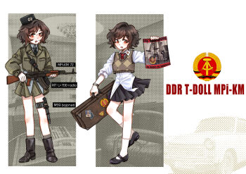 1girl adapted_uniform akm album_cover assault_rifle bag black_boots black_necktie black_shoes boots breasts brown_hair brown_sweater_vest camouflage camouflage_jacket camouflage_skirt car character_name checkered_clothes collar_pin combat_knife cover east_germany erich_honecker fez_hat girls&#039;_frontline gun hat highres holding holding_gun holding_weapon ifa_wartburg jacket kalashnikov_rifle knife mary_janes messy_hair military_hat military_uniform miniskirt motor_vehicle mpi-km necktie open_mouth original photo_(object) photo_background plaid_clothes plaid_skirt radio red_necktie rifle sheath shirt shoes short_hair skirt small_breasts socks sticker strichtarn suitcase sweater_vest thigh_strap trabant untucked_shirt useless_centipde watch weapon white_shirt white_socks wristwatch