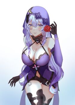 1girl aoiabyss bangle black_swan_(honkai:_star_rail) bracelet breasts buckle cleavage commentary detached_sleeves dress english_commentary floral_print flower gloves hair_ornament highres honkai:_star_rail honkai_(series) jewelry large_breasts long_hair looking_at_viewer navel purple_dress purple_hair red_flower red_rose rose shorts strap thighhighs thighs veil very_long_hair yellow_eyes