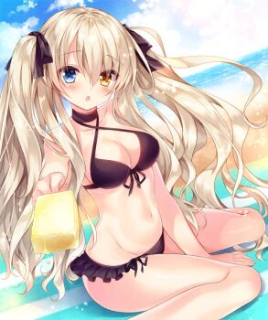 Rule 34 | 1girl, :o, bare shoulders, beach, beach mat, between legs, bikini, black bikini, black choker, black ribbon, blue eyes, blue sky, breasts, brown hair, choker, cleavage, cloud, cloudy sky, collarbone, commentary request, criss-cross halter, day, dutch angle, female focus, food, frills, front-tie bikini top, front-tie top, giving, groin, hair ribbon, halterneck, heterochromia, holding, holding food, horizon, large breasts, long hair, looking at viewer, luca (nogi takayoshi), navel, nogi takayoshi, ocean, orange eyes, original, outdoors, parted lips, popsicle, ribbon, sitting, sky, solo, swimsuit, twintails, very long hair, wariza, wavy hair