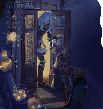 1boy az_(pokemon) black_hat black_robe blue_hair bow bowtie brown_shorts cape character_counter_request character_request collared_cape commentary_request dark floette floette_(eternal) gen_6_pokemon gogohan green_cape hat highres jacket long_hair long_sleeves nintendo opening_door orange_pantyhose pants pantyhose patchwork_clothes pinstripe_jacket pinstripe_pattern pokemon pokemon_(creature) pokemon_legends:_z-a red_jacket red_pants robe shorts smile striped_clothes striped_pantyhose trick-or-treating watermark witch_hat wizard yellow_bow yellow_bowtie