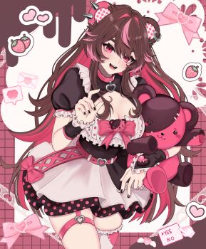 Rule 34 | 1girl, 404moxxie, absurdres, animal ears, bear ears, bear girl, black dress, black gloves, black nails, black shrug, bow, breasts, brown hair, character charm, charm (object), cleavage, collar, colored inner hair, commentary, cowboy shot, dress, english commentary, fingerless gloves, food, fruit, gloves, hair between eyes, hand up, heart, heart o-ring, highres, holding, holding stuffed toy, indie virtual youtuber, lace, long hair, medium breasts, moorikuma, multicolored dress, multicolored hair, o-ring, open mouth, pink bow, pink collar, pink eyes, pink hair, pink streaks, polka dot, polka dot dress, puffy sleeves, short sleeves, shrug (clothing), sidelocks, single thighhigh, skindentation, solo, strawberry, streaked hair, stuffed animal, stuffed toy, teddy bear, teeth, thigh strap, thighhighs, upper teeth only, very long hair, virtual youtuber, white dress, white thighhighs