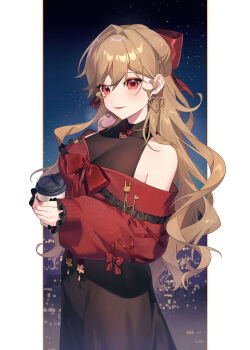 1girl black_shirt black_skirt blush bow brown_hair commentary cowboy_shot cup disposable_cup earrings hair_bow heart heart_earrings highres holding holding_cup jewelry long_hair looking_at_viewer nail_polish off-shoulder_sweater off_shoulder open_mouth original parted_lips red_bow red_eyes red_nails red_sweater shirt skirt sleeveless sleeveless_shirt sweater symbol-only_commentary watermark wavy_hair wenz