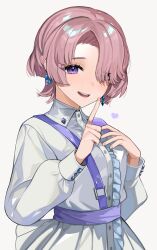 Rule 34 | 1girl, absurdres, arimura mao, asymmetrical bangs, blush, commentary request, dress, earrings, fingernails, gakuen idolmaster, hair over one eye, heart, highres, idolmaster, jewelry, kamiya ei, long sleeves, looking at viewer, pink hair, pleated dress, purple eyes, short hair, simple background, single center frill, smile, solo, white background, white dress