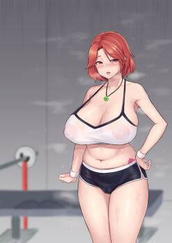 Rule 34 | 1girl, blush, breasts, cameltoe, cleavage, fortune (last origin), highres, huge breasts, large areolae, large breasts, last origin, looking at viewer, navel, nipples, open mouth, plump, red eyes, red hair, see-through clothes, short hair, short shorts, shorts, solo, sportswear, standing, sweat, thighs, zb44564344