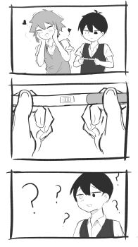 2boys absurdres basil_(faraway)_(omori) basil_(headspace)_(omori) basil_(omori) black_hair blonde_hair blush english_text heart highres holding holding_pregnancy_test louveg25 male_pregnancy multiple_boys omori pale_skin pregnancy_test shirt short_hair sunny_(omori) vest