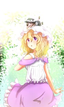 Rule 34 | 2girls, :d, black hat, black skirt, blonde hair, blush, bow, brown eyes, brown hair, clothing request, commentary request, frilled skirt, frills, hair between eyes, hair bow, hat, hat bow, highres, holding own dress, leaf, long hair, maribel hearn, mini person, mini person on head, minus (sr mineka), mob cap, multiple girls, open mouth, purple eyes, purple skirt, shirt, short hair, sitting, skirt, sleeveless, sleeveless shirt, smile, striped clothes, striped shirt, teeth, touhou, upper teeth only, usami renko, white bow, white hat, white shirt