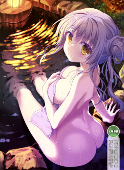 1girl absurdres arm_support armpit_crease artist_name ass back breasts cleavage closed_mouth collarbone completely_nude covering_privates dengeki_moeoh from_above from_behind hair_bun hair_intakes highres light_blush long_hair looking_at_viewer looking_back looking_up magazine_scan medium_breasts nanao_naru nude nude_cover onsen original ripples scan shade shiny_skin shoulder_blades single_hair_bun sitting smile soaking_feet solo translation_request water wet white_hair yellow_eyes