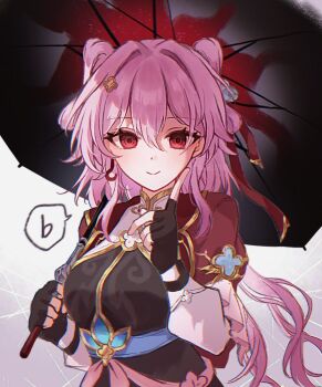 Rule 34 | 1girl, black gloves, chinese clothes, closed mouth, commentary request, earrings, evernight (honkai: star rail), fingerless gloves, funafu, gloves, gold trim, hair between eyes, hair intakes, hair ornament, holding, holding umbrella, honkai: star rail, honkai (series), index finger raised, jewelry, looking at viewer, mandarin collar, march 7th (honkai: star rail), march 7th (hunt) (honkai: star rail), medium hair, pink hair, red eyes, single earring, smile, solo, speech bubble, umbrella, white background