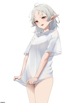 1girl ahoge alternate_costume artist_name blush commentary elf highres junarts mushoku_tensei no_pants open_mouth orange_eyes parted_bangs pointy_ears shirt shirt_tug short_sleeves simple_background solo sylphiette_(mushoku_tensei) symbol-only_commentary thighs white_background white_hair white_shirt