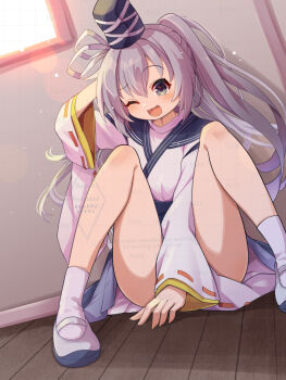 1girl alternate_costume blue_hakama blush commentary_request futa_(nabezoko) grey_eyes grey_hair hakama hakama_skirt hat japanese_clothes kimono long_hair long_sleeves looking_at_viewer mary_janes mononobe_no_futo one_eye_closed open_mouth ponytail ribbon-trimmed_sleeves ribbon_trim shoes sitting skirt smile socks solo tate_eboshi touhou watermark watermark_grid white_kimono white_shoes white_socks wide_sleeves