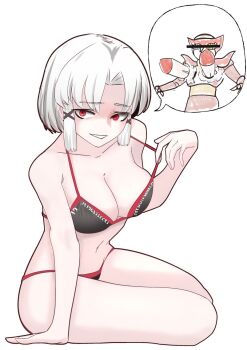 1girl alternate_costume aphrodai_a bar_censor bikini black_bikini breast_missiles breasts censored censored_identity cleavage clothes_grab collarbone commentary_request drake_(nikke) goddess_of_victory:_nikke hair_ribbon hand_up highres kyaranenko large_breasts mazinger_(series) mazinger_z mecha navel red_eyes ribbon robot short_hair sidelocks simple_background sitting smile solo swimsuit tress_ribbon white_background white_hair yokozuwari