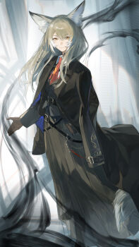 1girl absurdres animal_ears arknights black_coat black_jacket black_skirt blonde_hair brown_gloves closed_mouth coat facial_scar fox_ears fox_girl fox_tail gloves highres jacket long_hair long_sleeves looking_at_viewer necktie orange_eyes red_necktie scar scar_on_cheek scar_on_face skirt solo tail vulpisfoglia_(arknights) yu_ming_tongxue