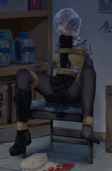 absurdres asphyxiation bdsm ben-tou bento bondage boots bound gag highres knee_boots lace-up_boots panties panties_under_pantyhose pantyhose peeing pick'k school_uniform serafuku shibari shibari_over_clothes single_boot underwear unworn_boots white_hair yarizui_sen