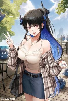 1girl :d asymmetrical_horns bag belt black_belt black_hair blue_hair blue_sky breasts brown_shir camisole cleavage colored_inner_hair commentary commentary_request cowboy_shot day denim denim_skirt english_commentary flower hand_up handbag hololive hololive_english horn_flower horns jailbird_(nerissa_ravencroft) jewelry kim_eb large_breasts long_hair looking_at_viewer midriff_peek miniskirt mixed-language_commentary mole mole_under_eye multicolored_hair navel necklace nerissa_ravencroft off_shoulder official_art open_clothes open_mouth open_shirt outdoors plaid_clothes plaid_shirt purple_eyes shirt sidelocks skirt sky slit_pupils smile solo tree uneven_horns very_long_hair virtual_youtuber white_camisole